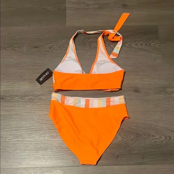 Orange and White halter Bikini with multi coloe Stripes - Picture 5 of 5